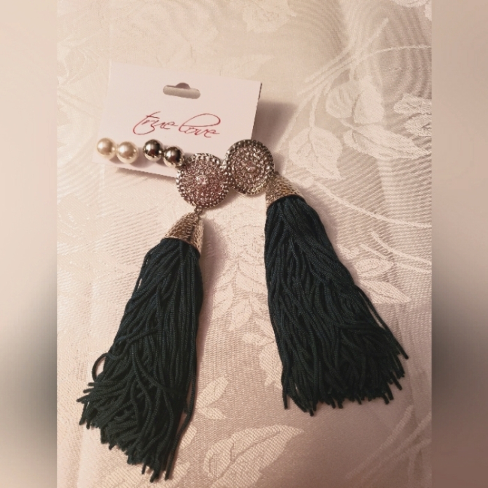 Women's Earrings 3 Pair, Blue w/Tassel 5" Long, Pearl Stud, Silver Studs NWT